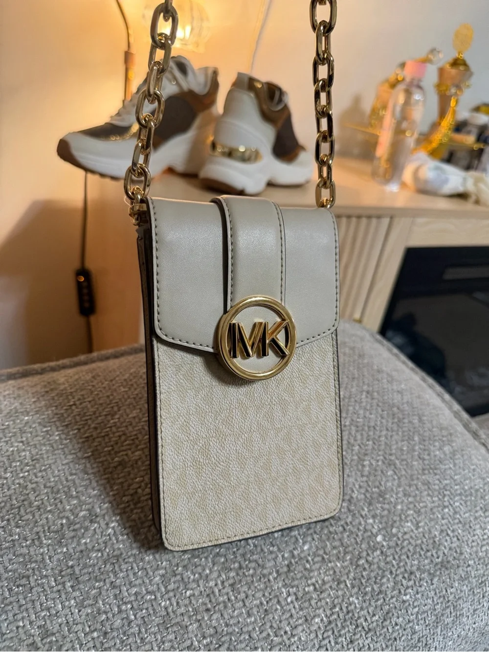 Michael Kors Cream and Beige MK Logo Crossbody Phone Bag
